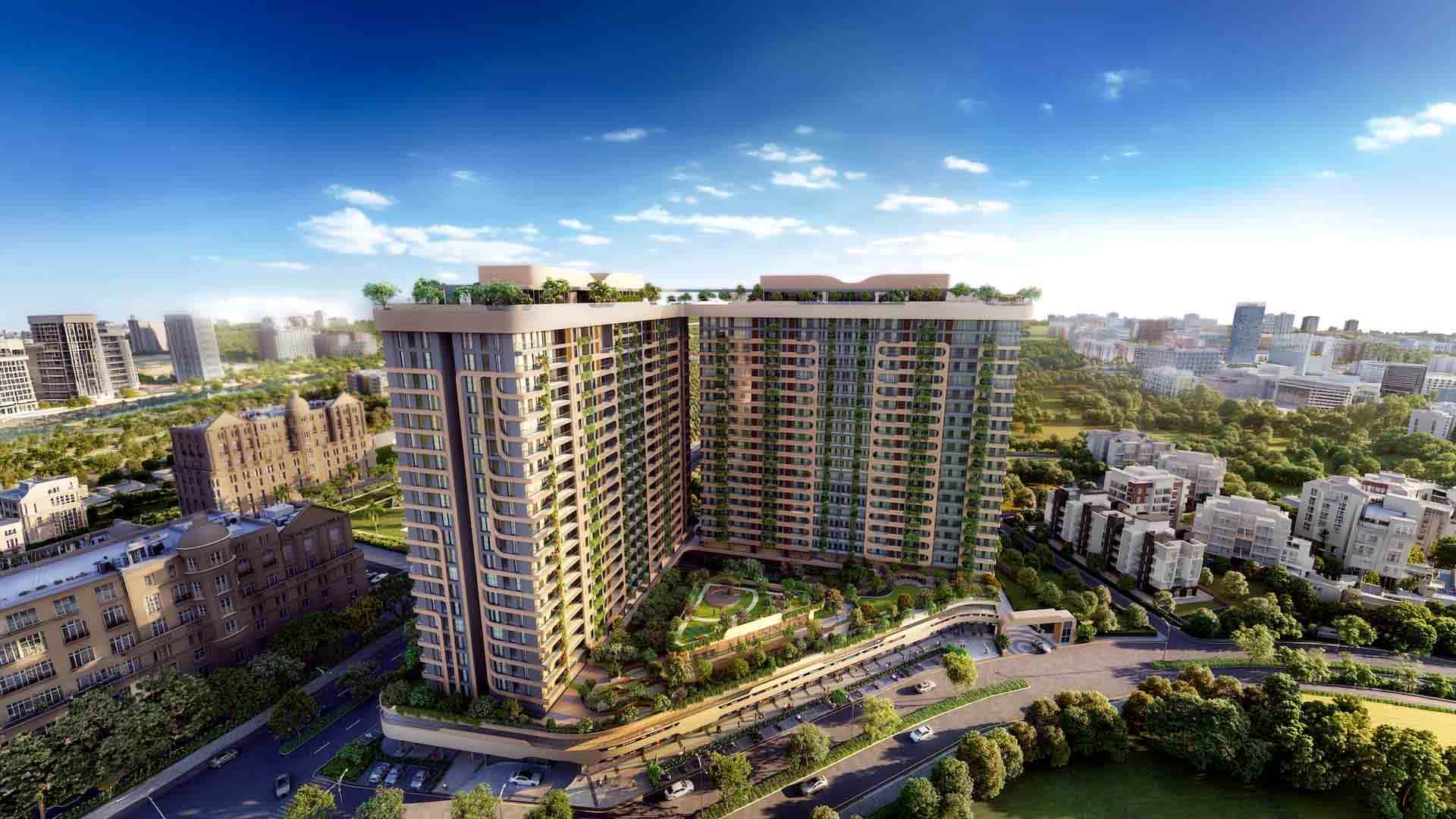 Pristine Amore in Kalyani Nagar, Pune offering 3 BHK, 4.5 BHK, 5 BHK configurations, status: 3W Exclusive - View 2: luxurious residential entrance, grand lobby and premium common area layout