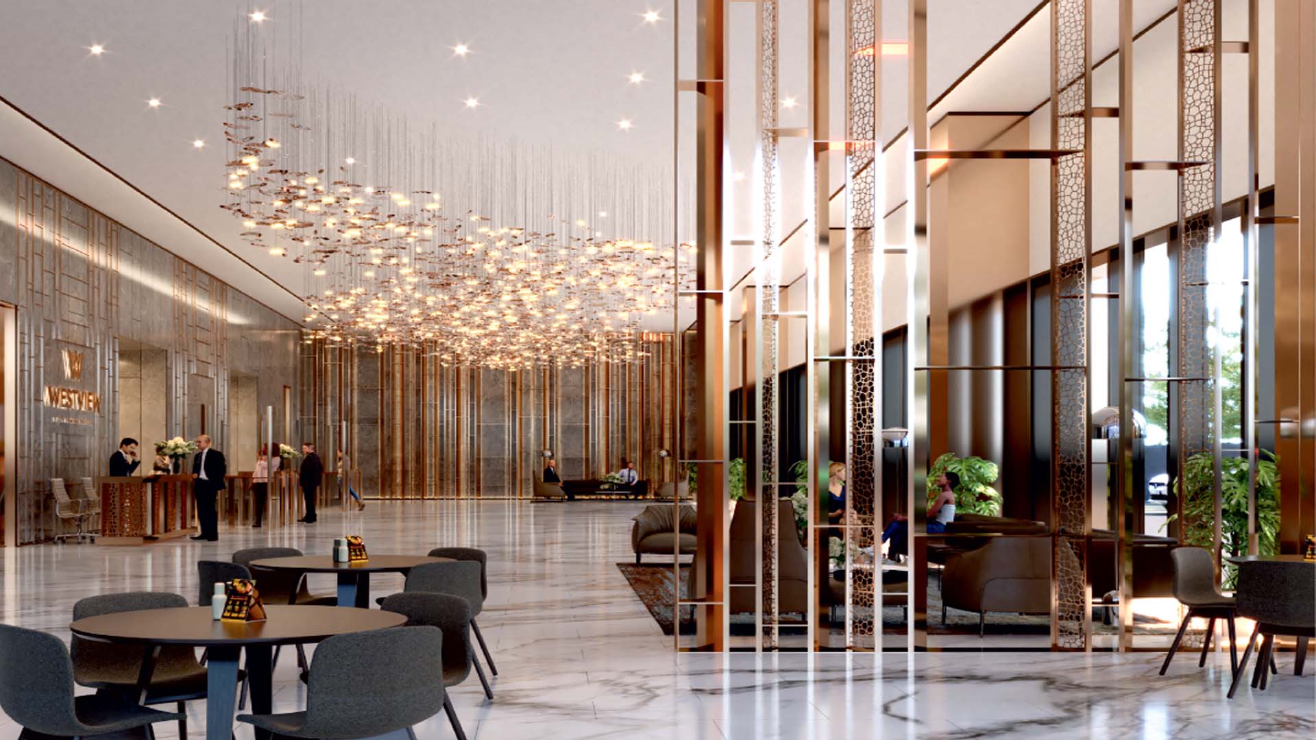 Panchshil Westview in Koregaon Park Annexe, Pune offering Office Space configurations, status: Available - View 2: luxurious residential entrance, grand lobby and premium common area layout