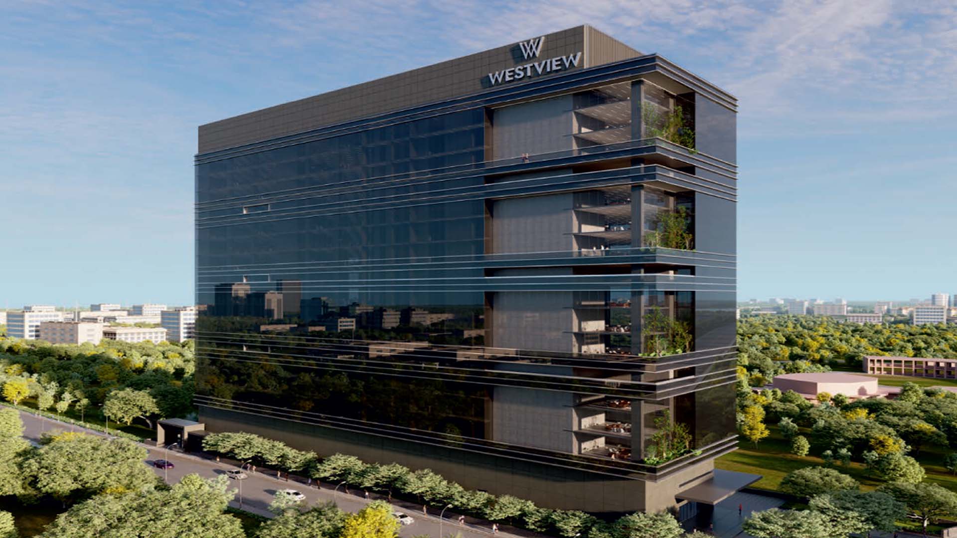 Panchshil Westview in Koregaon Park Annexe, Pune offering Office Space configurations, status: Available - View 3: state-of-the-art amenities, swimming pool, club house and landscaped gardens