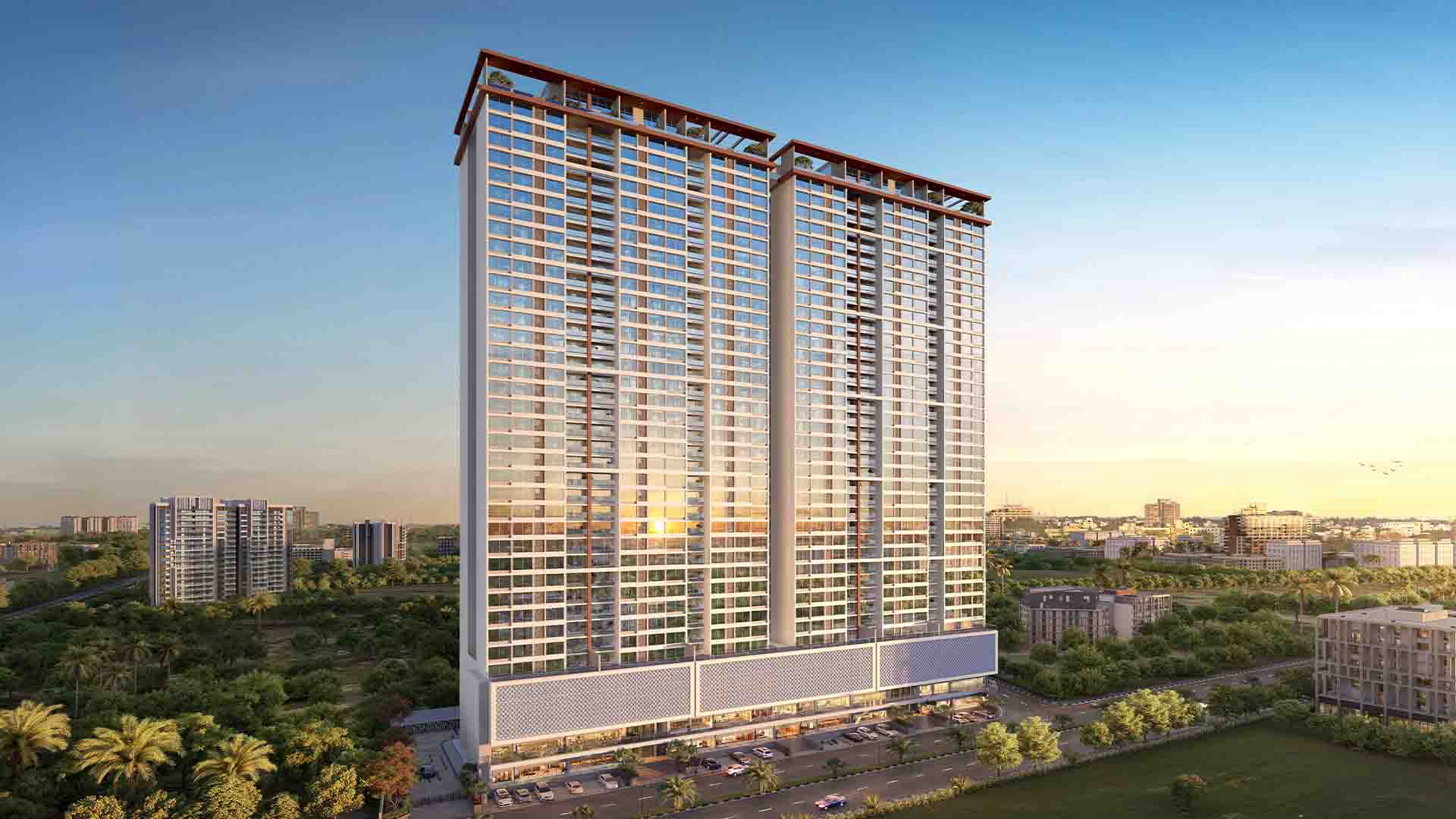Kumar Prism Towers in Magarpatta, Pune offering 3 BHK, 4 BHK configurations, status: Available - View 1: showcase of premium building architecture, glass facade and modern exterior design