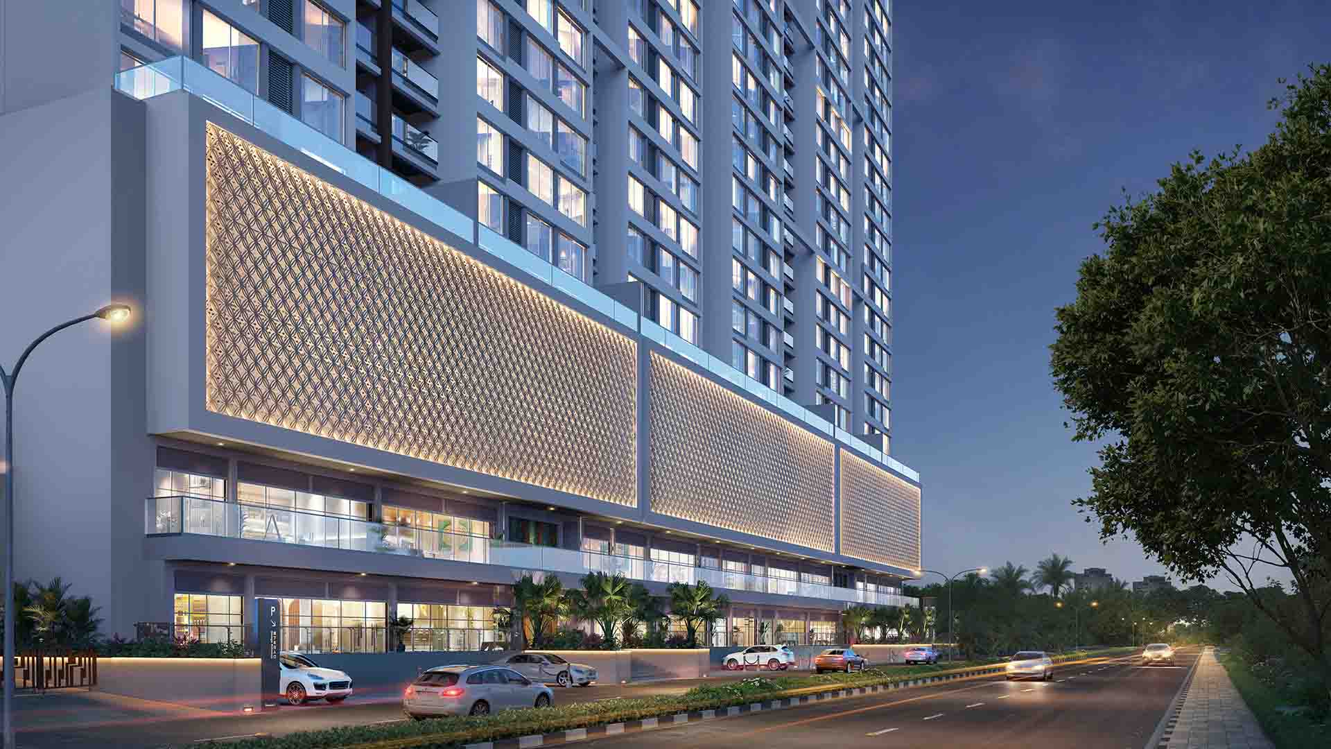Kumar Prism Towers in Magarpatta, Pune offering 3 BHK, 4 BHK configurations, status: Available - View 2: luxurious residential entrance, grand lobby and premium common area layout