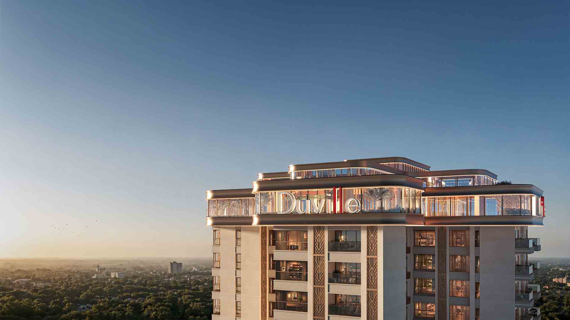 Duville Avira in Mundhwa, Pune offering 3 BHK, 4.5 BHK configurations, status: Available - View 1: showcase of premium building architecture, glass facade and modern exterior design