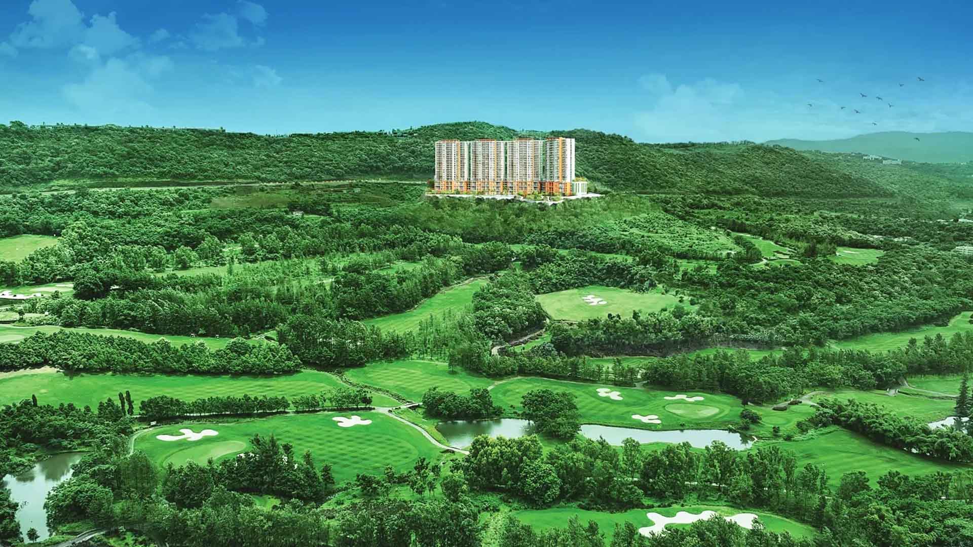 Golfland at Vanaha in Bavdhan, Pune offering 4.5 BHK Duplex, 4.5 BHK configurations, status: Available - View 1: showcase of premium building architecture, glass facade and modern exterior design