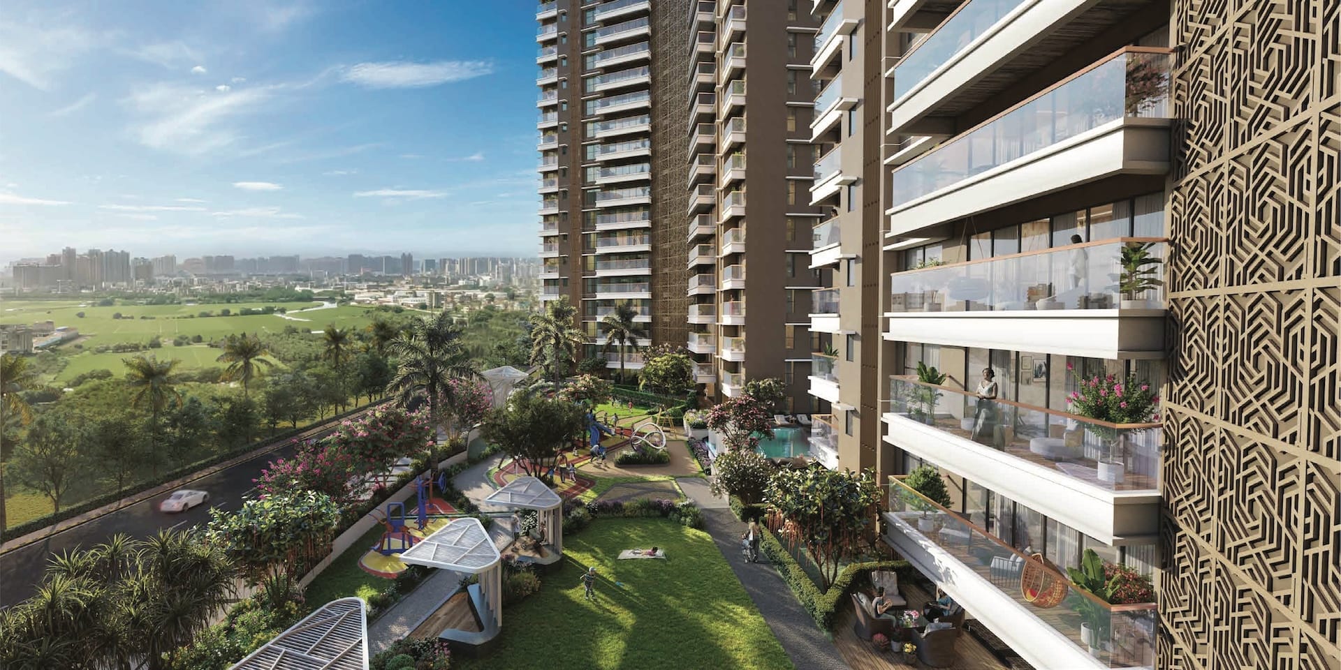 Supreme Towers in Koregaon Park Annexe, Pune offering 3 BHK, 4.5 BHK, 4.5 BHK Garden, 5.5 BHK Duplex, 5 BHK configurations, status: Available - View 6: showcase of premium building architecture, glass facade and modern exterior design
