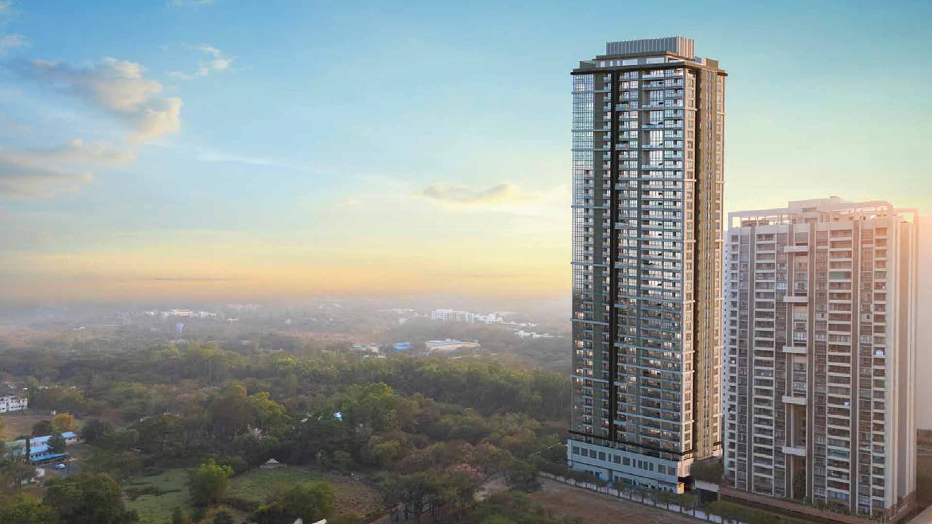 Castel Royale in Bhosale Nagar, Pune offering 3.5 BHK, 4.5 BHK, 5 BHK configurations, status: Available - View 1: showcase of premium building architecture, glass facade and modern exterior design