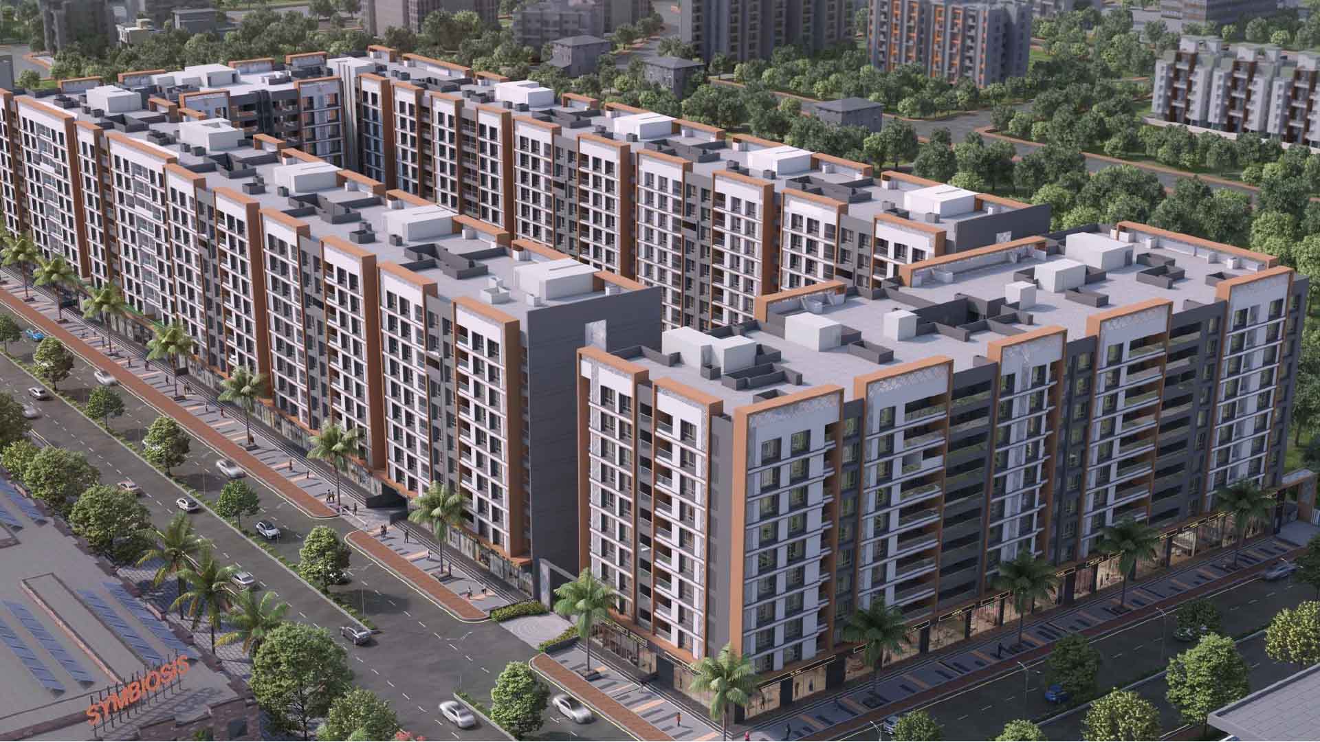 Shubh Nirvana in Viman Nagar, Pune offering 3 BHK, 4 BHK, 4.5 BHK configurations, status: Available - View 6: showcase of premium building architecture, glass facade and modern exterior design