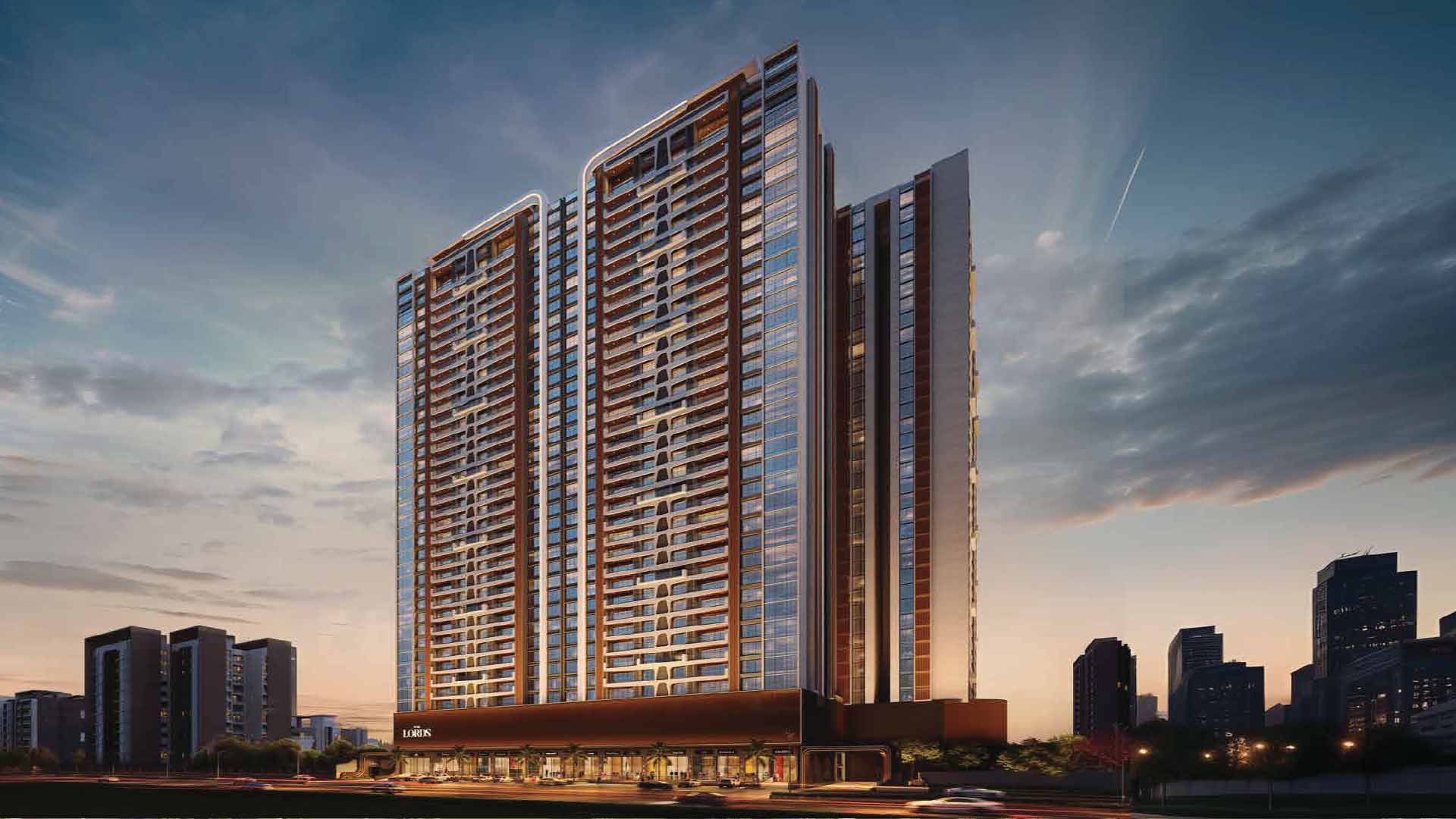 Pristine Lords in Baner Pashan Link Road, Pune offering 3 BHK, 4 BHK, 5.5 BHK Duplex configurations, status: Available - View 6: showcase of premium building architecture, glass facade and modern exterior design