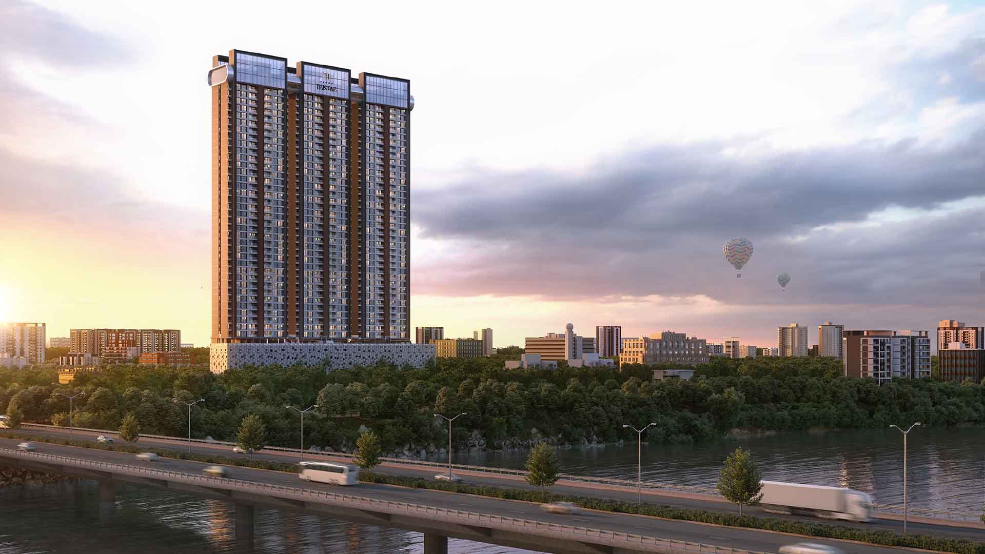 Shubh Tristar in Mundhwa, Pune offering 3 BHK, 4 BHK configurations, status: Available - View 1: showcase of premium building architecture, glass facade and modern exterior design
